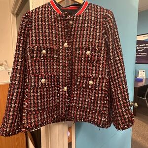 Zara Red and Black Blazer with Textured Tweed Design